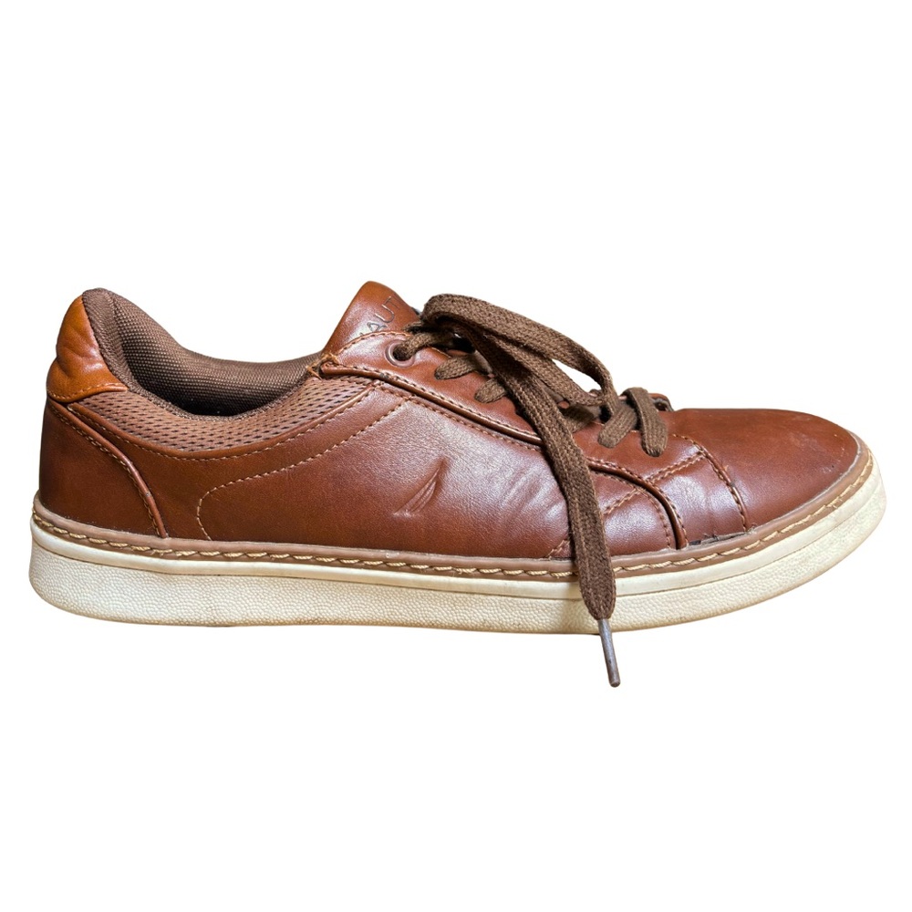 Nautica Lace-Up Sneakers Mens 9.5 Brown Faux Leather Preppy Outdoor Minimalist